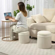 Set Of Two Storage Poufs With Lids, Round Velvet Texture: 36 X 36 X 41.5 Cm, Off-White - Beige - View 6