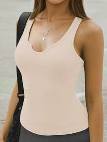 Top de punto acanalado casual deportivo, versátil y elástico para uso diario en verano - Albaricoque - Ver 9