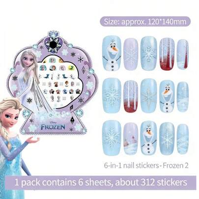 Disney 6pcs Frozen Cute Cartoon Glow-In-The-Dark Nail Art Stickers, Nail Art Accessories For Girls