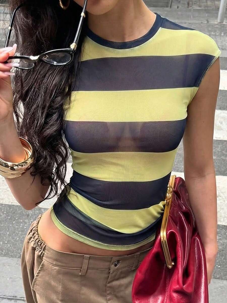 女士夏季时尚简约黄蓝条纹透视网纱修身连体T恤 - 黑黃色條紋 - 查看 1
