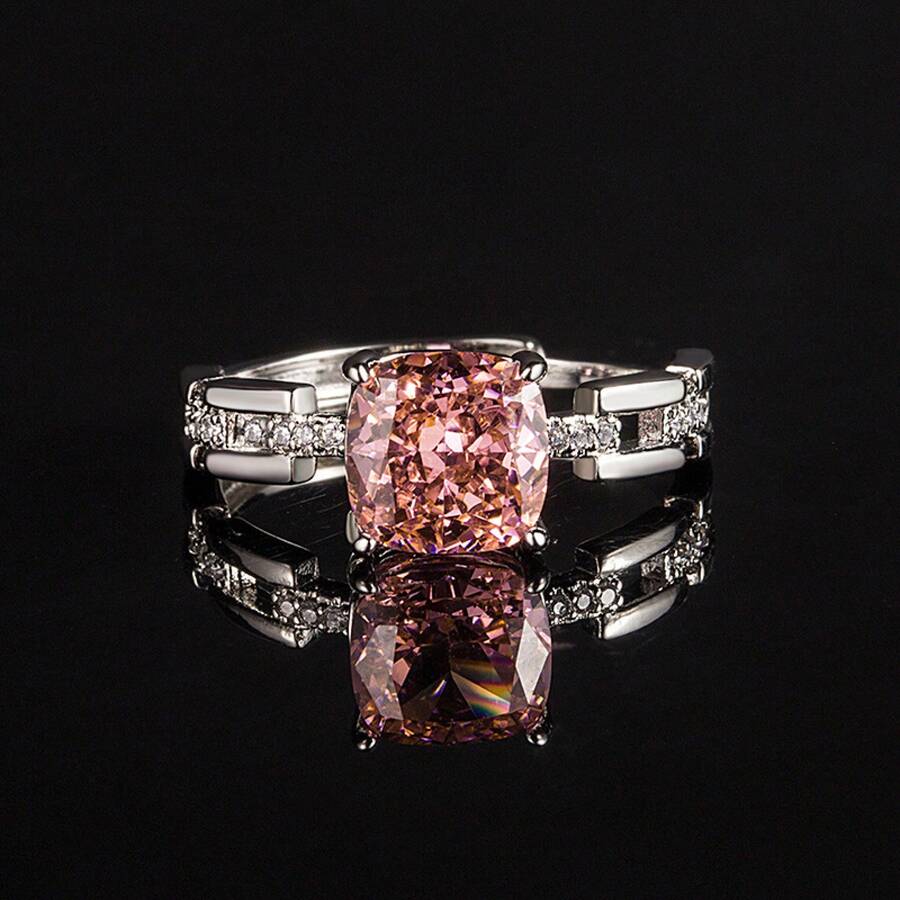 1pc Assorted‑Shades Cushion Cut Pink Gemstone Statement Ring, Halo Paved Side Stones High‑Carbon Crystal Band, Elegant Dainty Daily Wedding Engagement Jewelry - 海藍色 - 查看 1