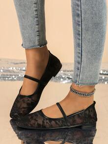 Giày nữ thanh lịch, nhẹ nhàng, mũi vuông, phối ren lưới họa tiết hoa hồng, thích hợp cho các hoạt động ngoài trời, tiệc cưới, giày bệt thoáng khí, giày lười đa năng. - màu đen - Xem 2