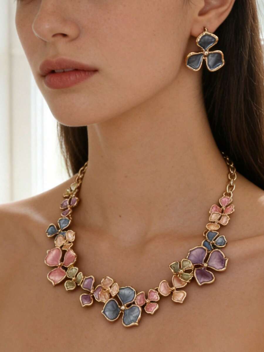 Cring Coco 2pcs Women Jewelry Set, Zinc Alloy Bohemian Style Elegant Multicolor Flower Necklace & Earrings Set, Suitable For Daily, Party, Wedding, Festival, Mother's Day Gift - Flowers - View 1
