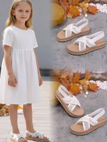 1 Pair White Flat Sandals For Big Kids, Solid Color Soft Breathable Mesh Strap, Round Toe Open Toe Lightweight Flexible Sole, Elastic Back Strap Slip-On Design, Fashionable Minimalist Beach/Holiday Style, Suitable For Casual, Beach, Campus Wear, Spring/Summer New Arrival - White - View 2
