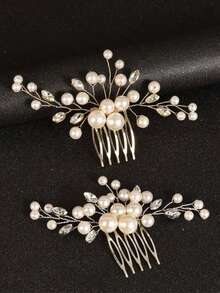 1pc Women's Elegant Handmade Pearl & Rhinestone Hair Comb, Suitable For Weddings, Parties, And Gifts - Multicolor - View 3
