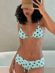 Bộ bikini chấm bi dành cho nữ, kèm nơ, thích hợp cho kỳ nghỉ hè ở bãi biển. - nâu xanh - Xem 2