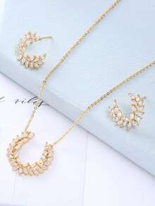 3 件套 18K 镀金铜方晶锆石耳钉、项链吊坠首饰套装、女士奢华婚礼礼物 - 金黃色 - 查看 2