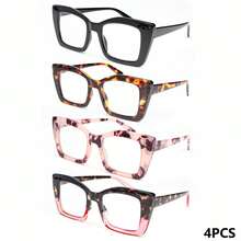 4pcs Retro Leopard Print Square Reading Glasses, People's Reading Glasses, High-Definition Lenses For Daily Commute, 4-Pack Super Value - Black + Brown Leopard Print + Flesh Pink + Half Pink - View 12
