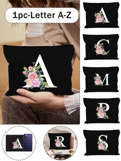 女士化妆包，黑色小号，A-Z 印花拼接设计，可作化妆包、便携式洗漱包、教师节礼物、可重复使用的化妆包、简约大容量旅行化妆包、耳机收纳包、新手化妆工具套装、混合化妆刷收纳包、方便的女孩礼物、便携式旅行用品、旅行必备