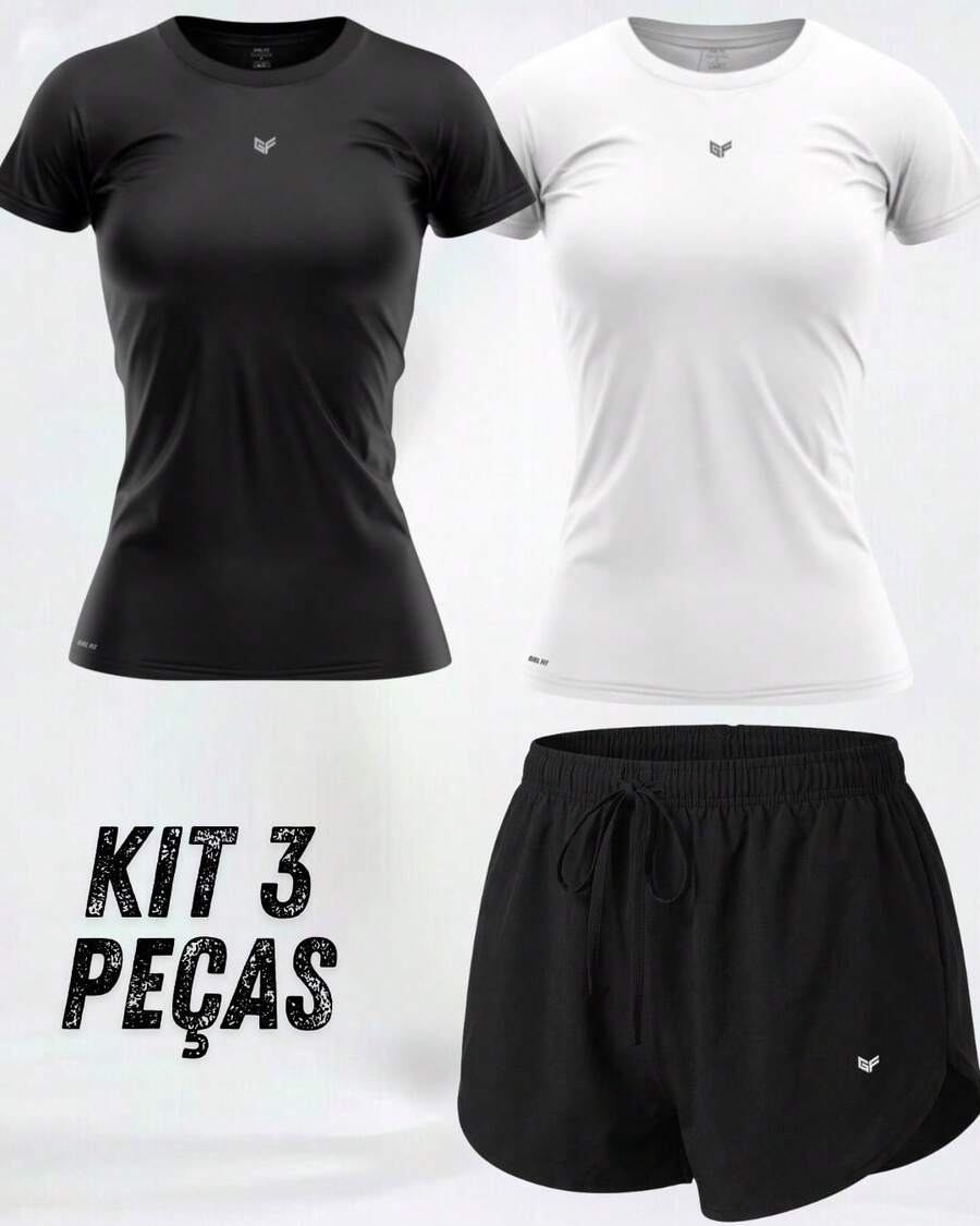 Women's 3-Piece Gym Kit: 2 Dry Fit T-Shirts + Comfortable Tactel Shorts - Women's 3-Piece Fitness Set With 2 Dry Fit Tops + Lightweight Shorts - Kit M - 查看 1