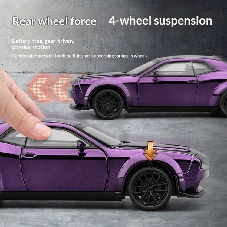 Maisto 1件1:32比例收藏级高级电镀高细节合金压铸橡胶地狱猫风格肌肉车模型，现代美式肌肉车风格，多种颜色可选（电镀红黑/电镀紫），宽体肌肉轿跑车造型，4个可开启车门，黑色合金轮毂，亮面电镀漆面，逼真的内饰和后扰流板细节 - 彩色 - 查看 3