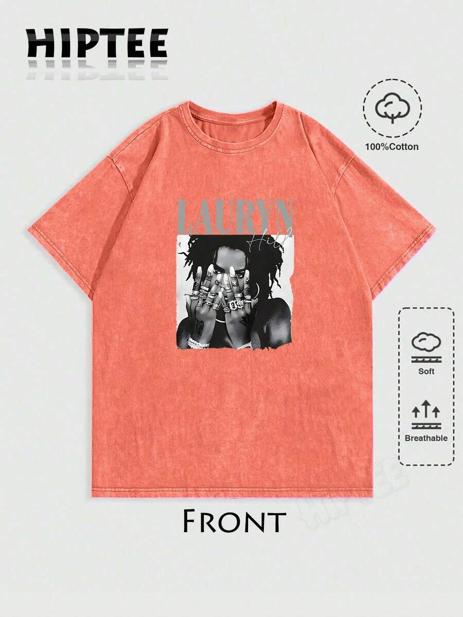 With Ring On Hand - 100% Cotton Women's T-Shirt Lauren Hill Letter Print Y2k Vintage Tee Casual Summer Plus Size Top - Niche Graffiti Prints Shirts - Washed-Orange - 查看 1