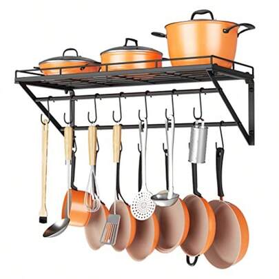 31 Inch Wall Mounted Pot Rack Storage Shelf With 2 Tier Hanging Rails 14 S Hooks Included Ideal For Pans Utensils Cookware - Black