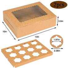 6个/2个装纸杯蛋糕盒，可装12个纸杯蛋糕，棕色带窗口和内衬，13 x 10 x 3.5英寸牛皮纸烘焙食品外盒，适用于生日、节日派对等烘焙用品 - 牛皮色 - 查看 8