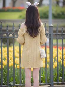 Y6Y 2026 新款黄色荷叶边不对称肩带条纹女式连衣裙，夏季时尚无肩带迷你连衣裙 - 黃色 - 查看 2