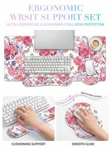 Keyboard Mouse Pad Set, Large Game Mouse Pad And Keyboard Wrist Rest And Mouse Pad With Wrist Rest, Peony Ergonomic Non-Slip Mouse Pad, Suitable For Home Office (Pink) - View 4