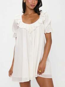 Women Loose Fit Farmer Dress Ruffled Lace Crim Round Collar Casual Swing Dresses - 白色 - 查看 5
