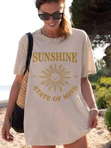 Women's Summer Letter Print Loose Casual T-Shirt, Versatile Daily Casual Wear Style, Graphic Tee, Vacation Outfit - Apricot - View 2