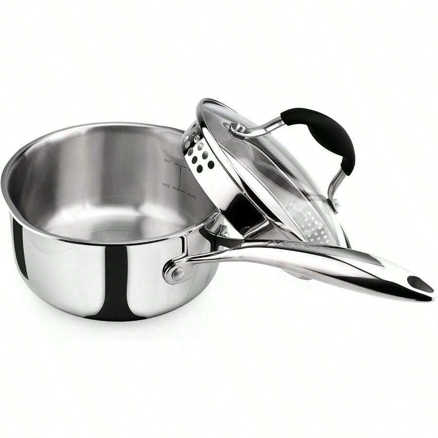 Tri-Ply Stainless Steel Saucepan With Glass Strainer Lid, Two Side Spouts, Ergonomic Handle, Multipurpose Sauce Pan With Lid, Sauce Pot, Cooking Pot (Tri-Ply Full Body, 1.5 Quart) - View 1