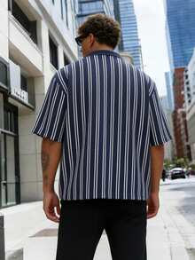 Men's Striped Textured Loose Short Sleeve Shirt, Suitable For Summer - Navy Blue - View 2