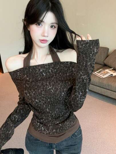 2026春夏新款美式复古豹纹高领长袖T恤，性感露肩修身短款女式上衣
