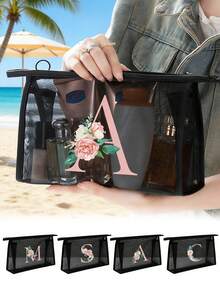 1 túi đựng mỹ phẩm lưới màu đen in chữ A-Z, túi đi biển lưới trong suốt, túi đựng mỹ phẩm du lịch dung tích lớn, túi đựng đồ dùng vệ sinh cá nhân, túi đựng đồ dùng học tập, túi có khóa kéo, hộp đựng trang sức, thiết kế tối giản và thời trang, phù hợp cho chỗ ở, du lịch, công tác, đi bơi, cất giữ đồ dùng tại nhà, món quà hoàn hảo cho gia đình, bạn bè, người thân yêu hoặc giáo viên, lý tưởng cho sinh nhật, ngày lễ, tiệc tùng, Ngày của Mẹ, đám cưới, tựu trường. - màu đen - Xem 3