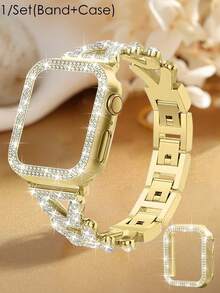 1 Pc/Set Watch Band & Case, 41mm, Women's Jewelry-Style Shiny Diamond Metal Gold Watch Band With Protective Case, For Apple Watch Series Ultra SE 11/10/9/8/7, Rose Gold, Compatible With Apple Watch Bands 38mm, 40mm, 41mm, 42mm, 44mm, 45mm, 49mm. Women's Jewelry Replacement Metal Wristband With Shiny Watch Case, Shiny Women's Watch Band Accessory,Summer - Gold - View 2