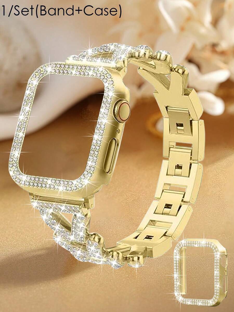 1 Pc/Set Watch Band & Case, 41mm, Women's Jewelry-Style Shiny Diamond Metal Gold Watch Band With Protective Case, For Apple Watch Series Ultra SE 11/10/9/8/7, Rose Gold, Compatible With Apple Watch Bands 38mm, 40mm, 41mm, 42mm, 44mm, 45mm, 49mm. Women's Jewelry Replacement Metal Wristband With Shiny Watch Case, Shiny Women's Watch Band Accessory,Summer
