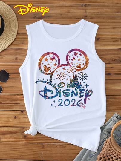 Disney 1件女士米奇卡通印花背心，圆领，弹力面料，适合日常穿着，易护理面料，时尚休闲女士背心