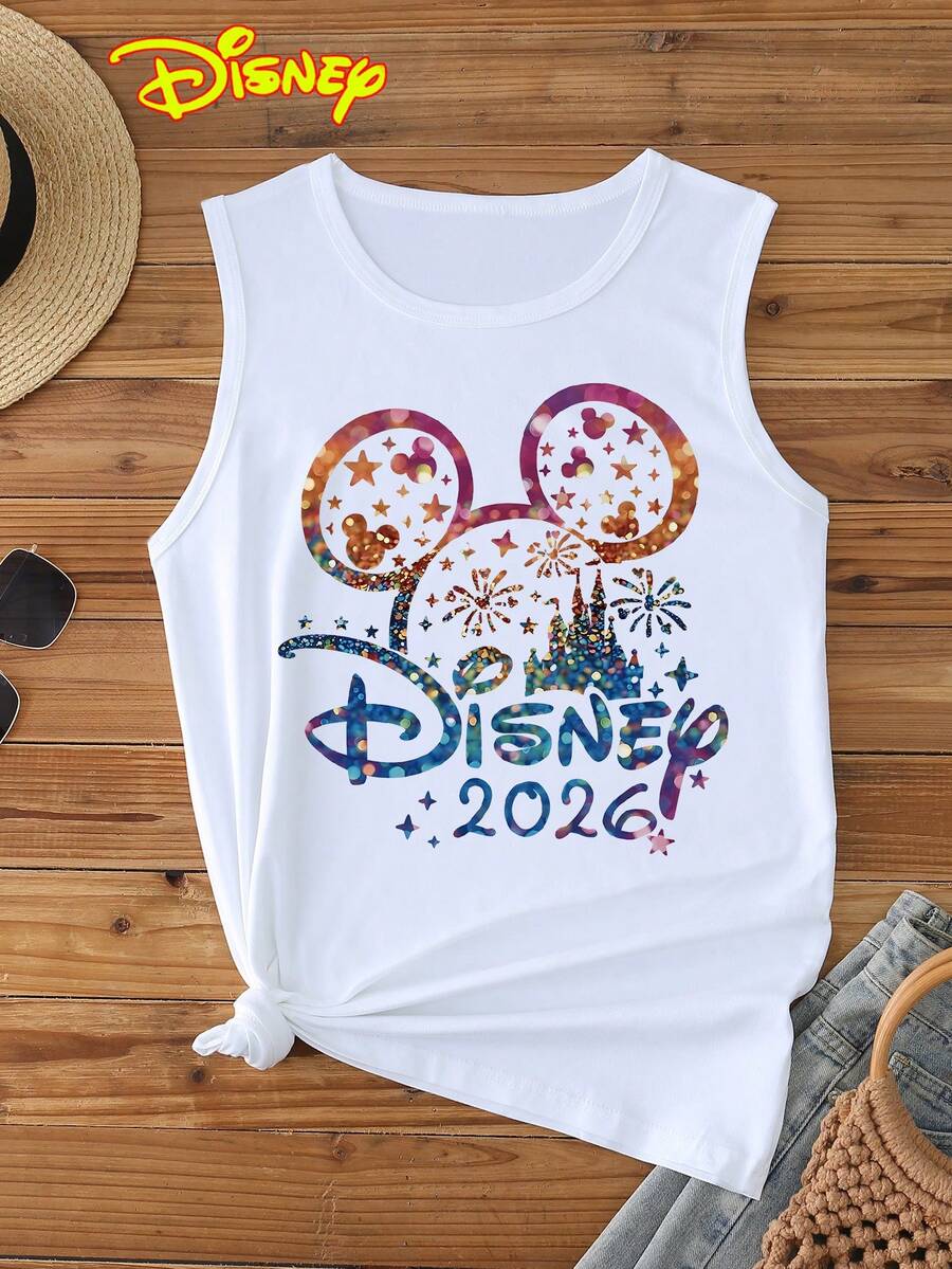 Disney 1件女士米奇卡通印花背心，圆领，弹力面料，适合日常穿着，易护理面料，时尚休闲女士背心 - 白色 - 查看 1