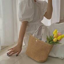 Woven Handbag, Minimalist Button Design Woven Bag, Versatile Commuter Tote Basket, Casual Vacation Handbag & Shoulder Bag - White - View 9