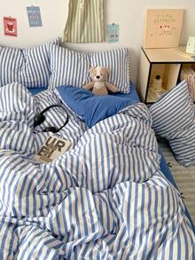 三件套,简约蓝白条纹韩式被套套装(1个被套+2个枕套,不含被芯和枕芯),水洗合成纤维,标准尺寸,柔软舒适,适合宿舍、家庭卧室、酒店,四季皆宜,拉链封口,多色可选,经久耐用,加大床品套装 - 藍色 - 查看 11