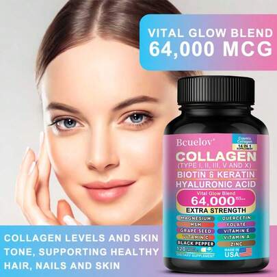  Bcuelov Collagen Dietary Supplement - With Vitamins A, C, E & Zinc - For Healthy Nails, Hair & Skin - Easily Absorbed - 120 Capsules