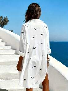 Women's White Button-Down Long Sleeve Shirt With Bird Print, Regular Length Polyester Blouse, Asymmetric Hem Bohemian Style Summer Top Vacation - White - View 4