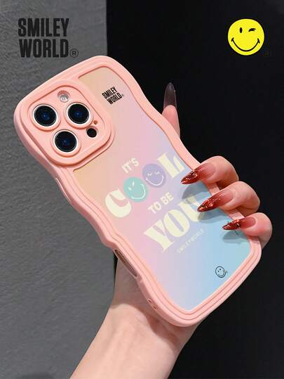 Smiley World SmileyWorld® | 1 ốp lưng điện thoại TPU chống sốc, phủ toàn diện, họa tiết sóng, chữ mặt cười, nền gradient cầu vồng, in UV, tương thích với dòng 11/12/13/14/15/16/17 Pro Max, thích hợp làm quà tặng ngày lễ, đi lại và chống rơi hàng ngày.