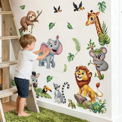 BRUP 半张异想天开的野生动物探险主题墙贴，图案为顽皮的动物，包括树懒、考拉、长颈鹿、狮子和巨嘴鸟，它们栖息在绿叶藤蔓上，适合儿童卧室、游戏室或婴儿房的墙面装饰，可移除，即撕即贴，寓教于乐的丛林探索主题艺术