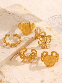 5件套18K镀金不锈钢简约优雅几何心形花朵蝴蝶结戒指套装，适合女性日常、假日、办公、约会等各种场合佩戴，简约时尚的珠宝礼品。 - 彩色 - 查看 2