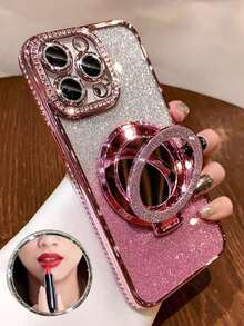Luxury Electroplated Rhinestone Glitter Makeup Mirror Phone Case, Compatible With IPhone 17, 16, 15, 14, 13, 12 Pro Max, 14, 15 Plus, 11 - Pink - View 1