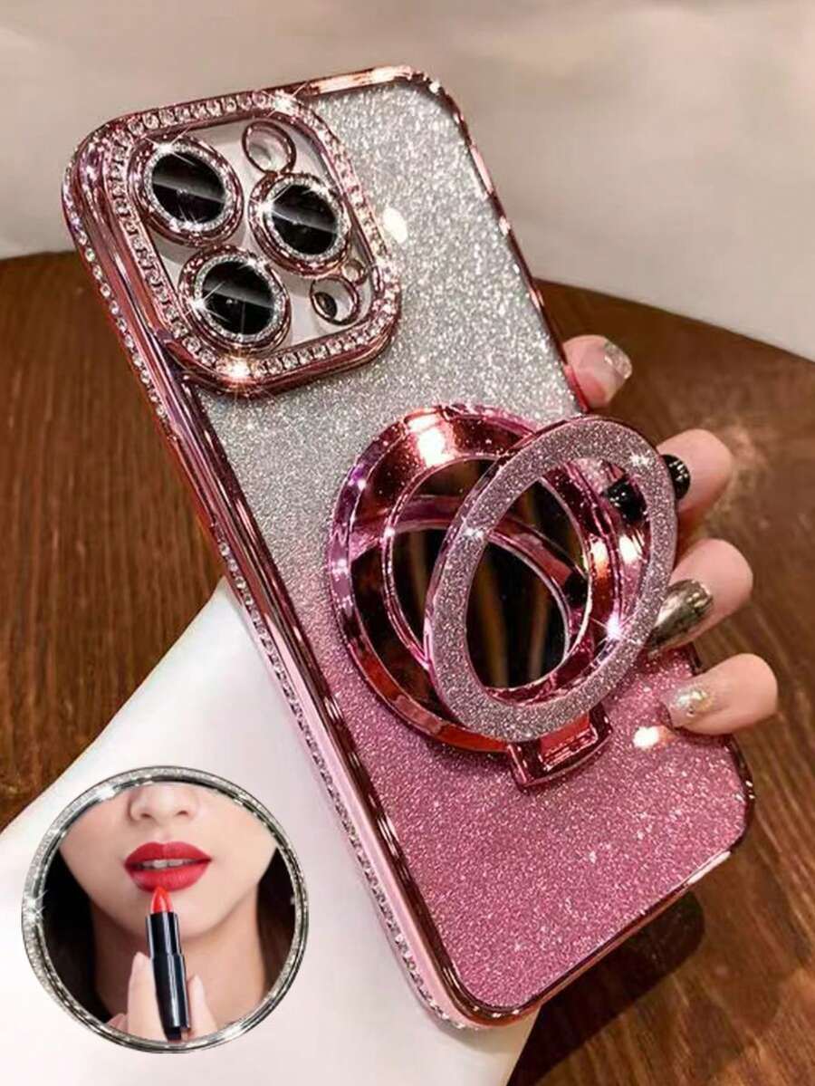 Luxury Electroplated Rhinestone Glitter Makeup Mirror Phone Case, Compatible With IPhone 17, 16, 15, 14, 13, 12 Pro Max, 14, 15 Plus, 11 - Pink - View 1