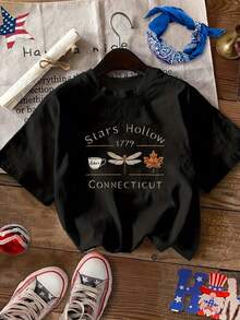 Nueva camiseta de moda para primavera y verano para chicas, con estampado de té de la tarde de otoño y patrón de letras artísticas, elegante camiseta de manga corta, casual, de cuello redondo, ropa de mujer. - Gris Claro - Ver 3