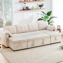 Schlafsofa mit Schlaffunktion, U-förmiges Sofa, Polstersofa, Baumwoll-und Leinenstoffe, mit Getränkehalter, Stauräume, geeignet für Familien, Wohnzimmer usv. Video verfügbar - Beige - Übersicht 6