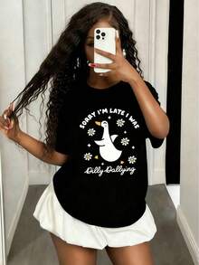 1 Pack Girls Casual Printed Crew Neck Short Sleeve T-Shirt Summer Student Youth Clothing - 黑色2 - 查看 2