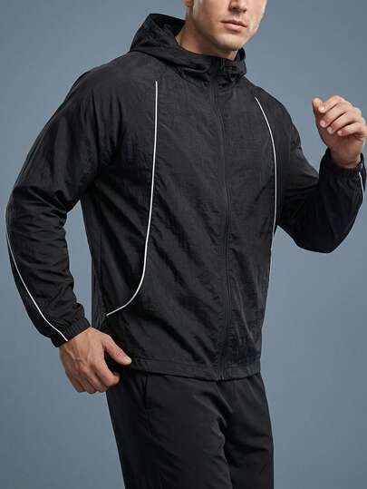 1pc Men's Casual Black Lightweight Hooded Jacket, Soft & Breathable, Suitable For Summer Outdoor Sports, Basketball, Running, Daily Commute, Fishing, Comfortable Summer Essential Top
