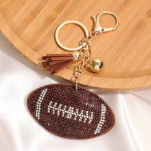 1pc Rhinestone Football Tassel Keychain, Geometric Pattern Casual Zinc Alloy Key Chain, Suitable For All Seasons - Coffee Brown - View 4