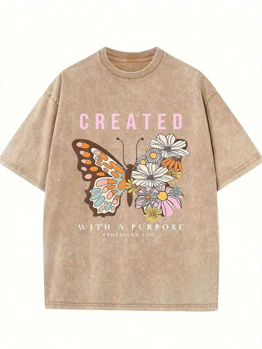 Summer T-Shirts 2026 - Women's Retro Washed Cotton T-Shirt - 230g Thick Cotton, Loose Fit, Crew Neck, Short Sleeve, Vintage Urban Style With Floral Butterfly Print And Inspirational Lettering, Machine Washable, Casual Spring/Summer T-Shirt, Cotton T-Shirts, Comfortable Everyday Wear T-Shirt, Relaxed Fit T-Shirt, Soft Texture T-Shirt, Washed Cotton Summer Clothes - 咖啡色 - 查看 1