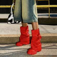 Women's Platform Round Toe Mid Calf Boots With Chunky Heel - M-red - View 2