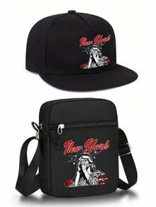1 pezzo/2 pezzi Set di cappellino da baseball e borsa a tracolla con stampa creativa della Statua della Libertà di New York, stile streetwear alla moda per sport all'aperto, cappellino con visiera piatta regolabile e borsa a spalla, regalo per amici e anniversari - Multicolore - Visualizzare 1