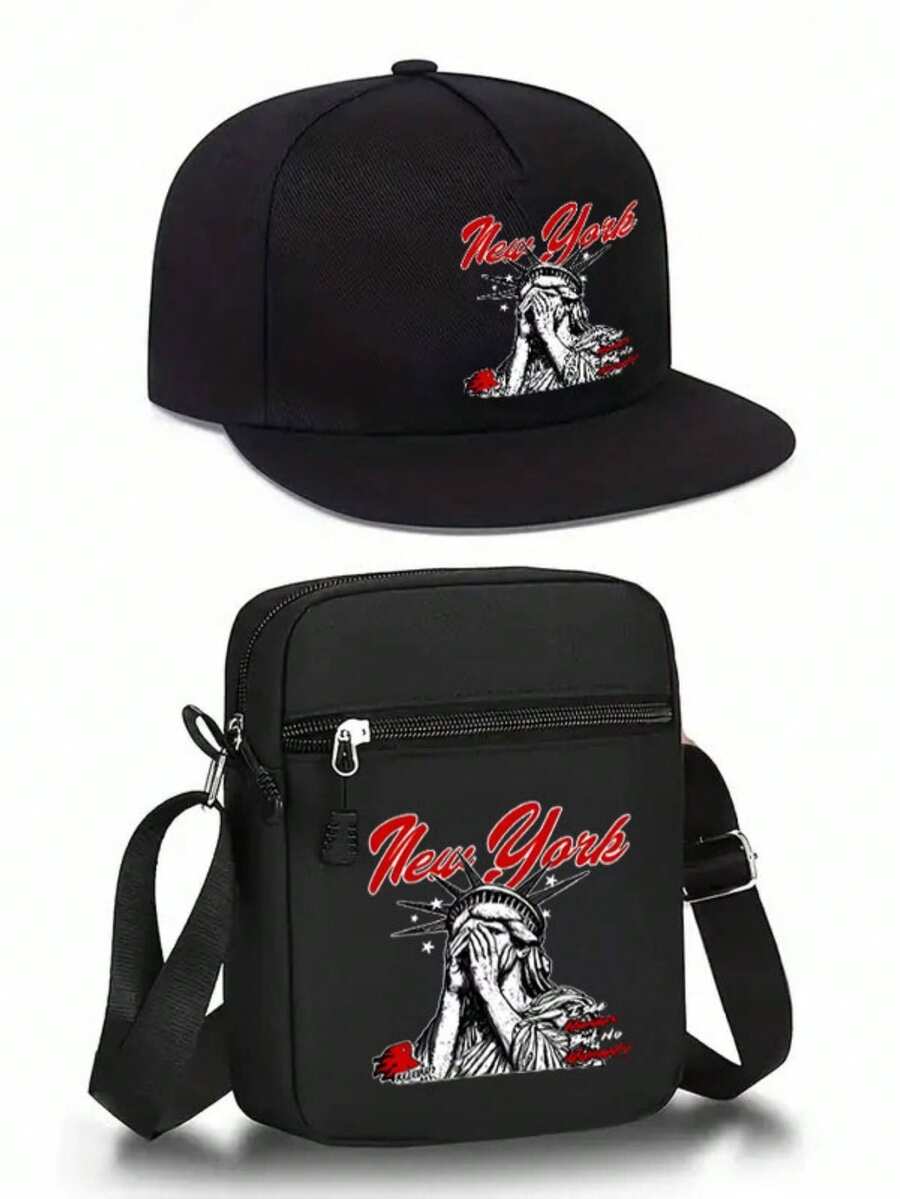 1 pezzo/2 pezzi Set di cappellino da baseball e borsa a tracolla con stampa creativa della Statua della Libertà di New York, stile streetwear alla moda per sport all'aperto, cappellino con visiera piatta regolabile e borsa a spalla, regalo per amici e anniversari - Multicolore - Visualizzare 1