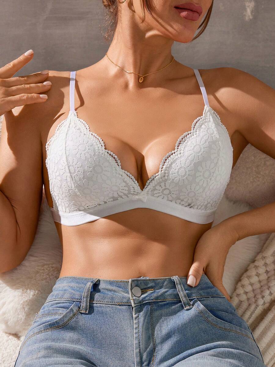 Áo ngực ren gợi cảm thời trang mới dành cho nữ, áo ngực nâng ngực không gọng, không đường may, dây đeo điều chỉnh được. - trắng - Xem 1