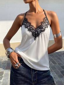 Áo tank top satin viền ren trắng dành cho nữ, dây mảnh, lưng chéo, co giãn, dáng rộng, thanh lịch, thích hợp mặc hàng ngày, hẹn hò, dự tiệc, phong cách thường ngày (YY1312) - trắng - Xem 6